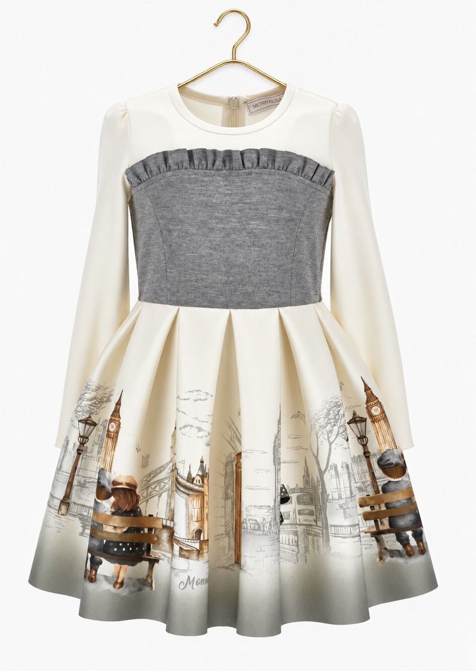 MONNALISA GIRLS NEOPRENE ROMANTIC LONDON DRESS IN IVORY, Sz 8, $324 E34